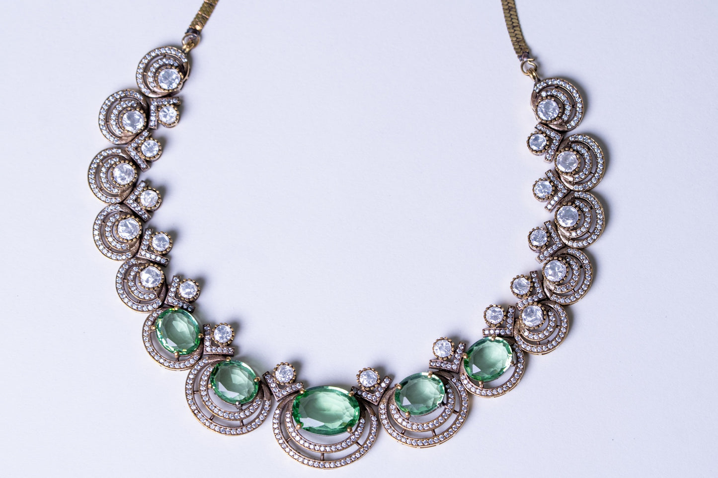 Mint Green Sapphire Gemstone with American Diamonds Zirconia Work Necklace