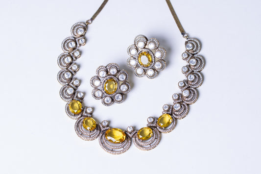 Yellow Sapphire Gemstone with American Diamonds Zirconia Work Necklace