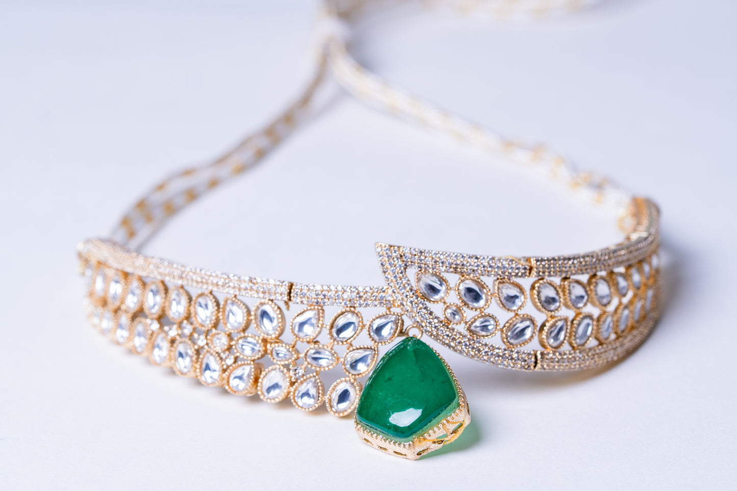Green Emerald Doublet Drop and Moissanite Kundan Choker Necklace