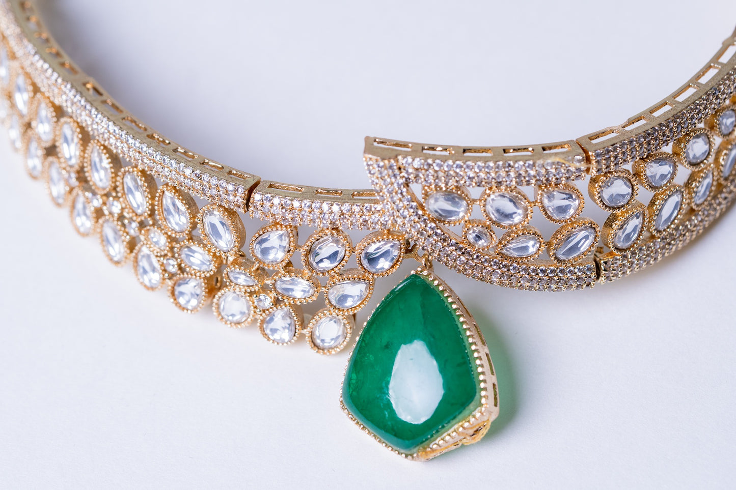 Green Emerald Doublet Drop and Moissanite Kundan Choker Necklace