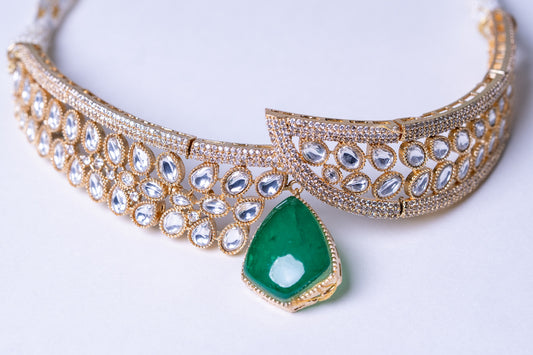 Green Emerald Doublet Drop and Moissanite Kundan Choker Necklace