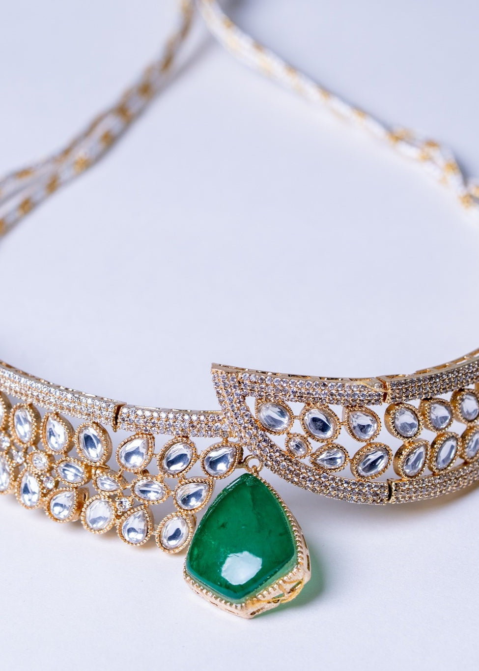 Green Emerald Doublet Drop and Moissanite Kundan Choker Necklace
