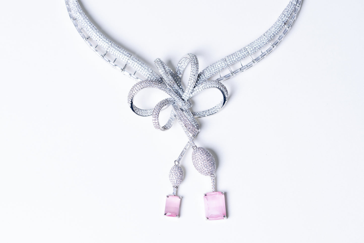 Italian Artistic Pink Stone American Diamonds Zirconia Designer Necklace