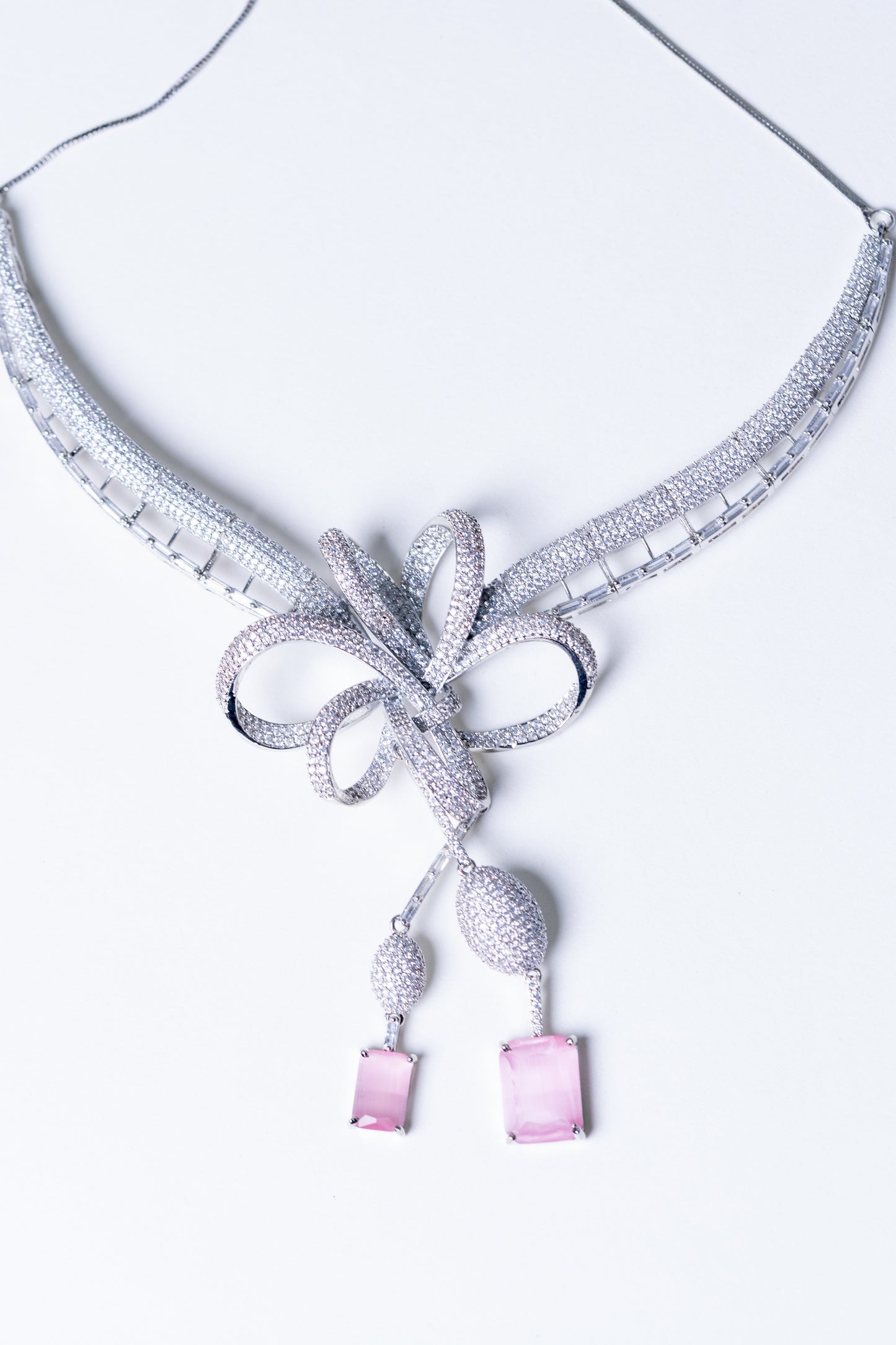 Italian Artistic Pink Stone American Diamonds Zirconia Designer Necklace