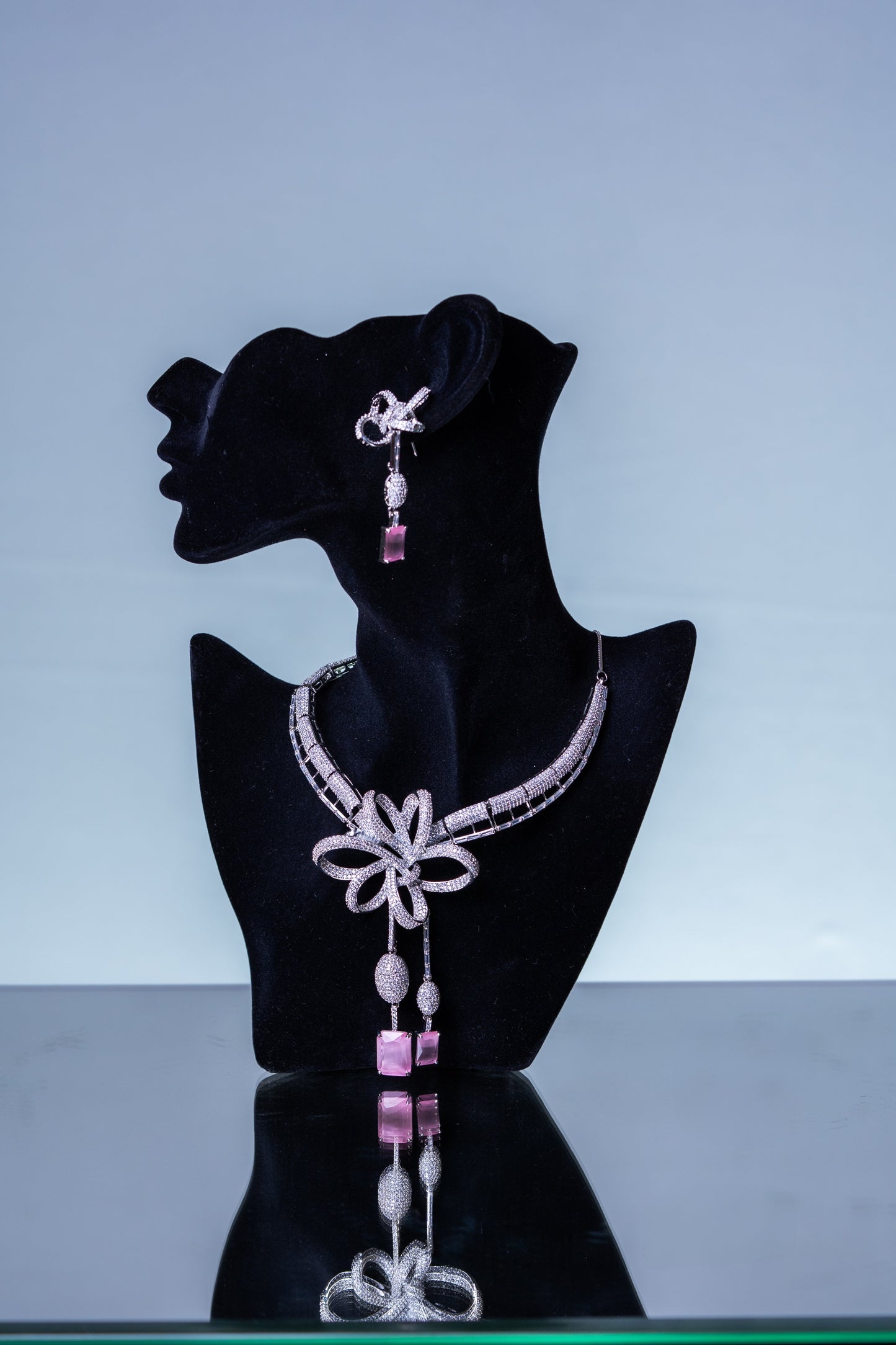 Italian Artistic Pink Stone American Diamonds Zirconia Designer Necklace