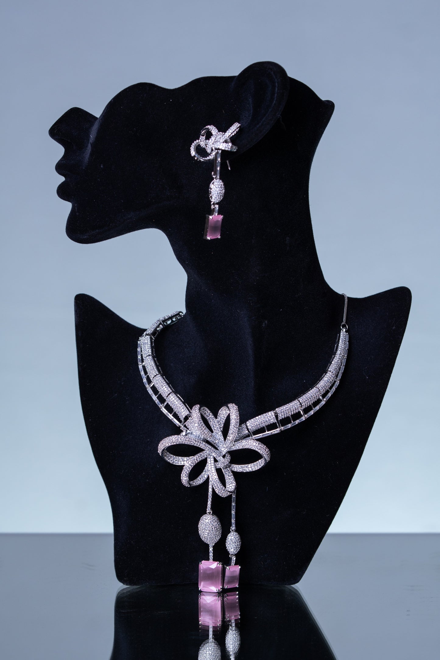 Italian Artistic Pink Stone American Diamonds Zirconia Designer Necklace