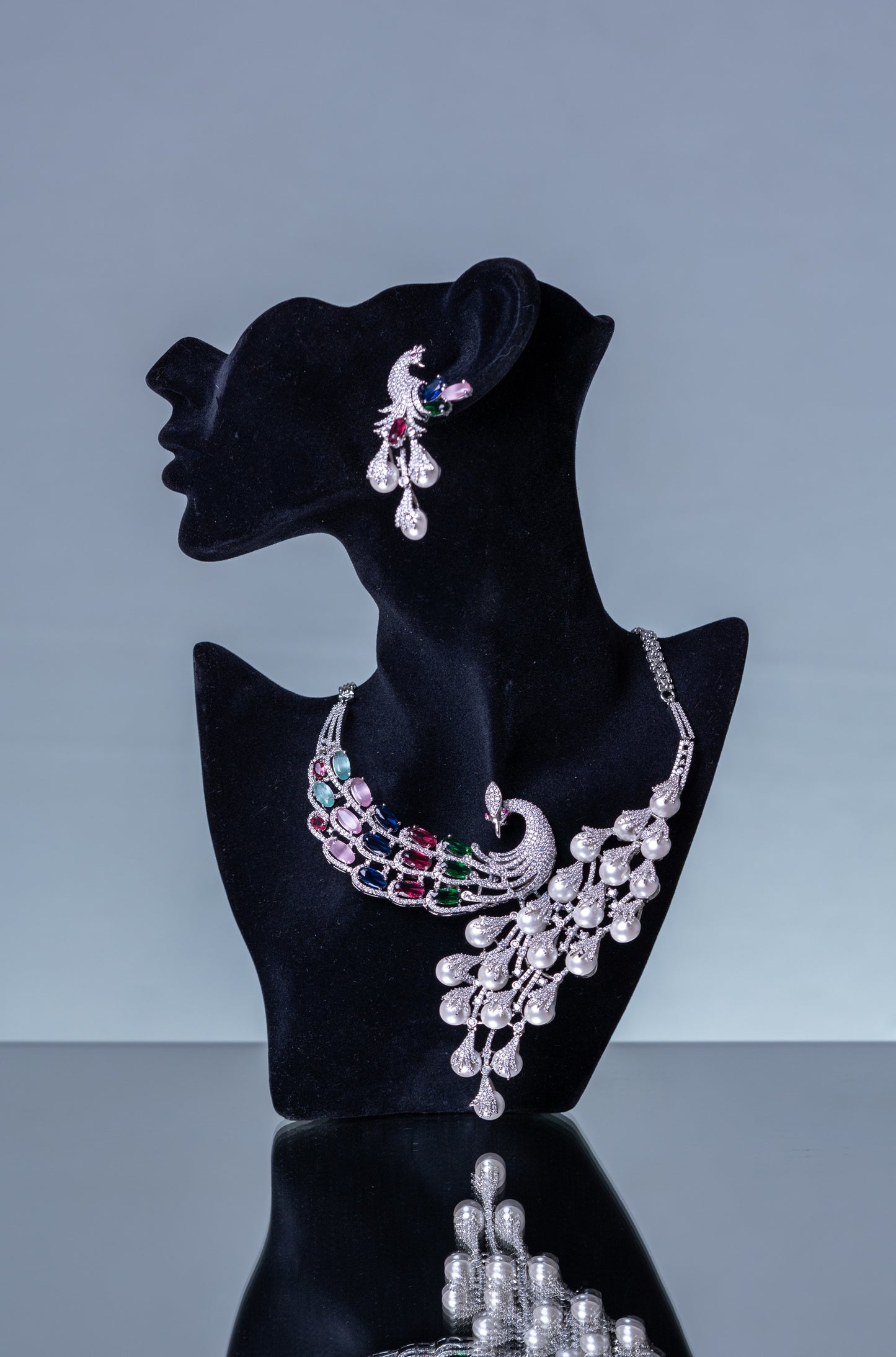 Peacock Studded with Multicolor Crystals and American Diamonds Zirconia Designer Necklace