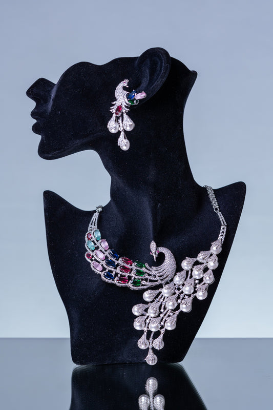 Peacock Studded with Multicolor Crystals and American Diamonds Zirconia Designer Necklace