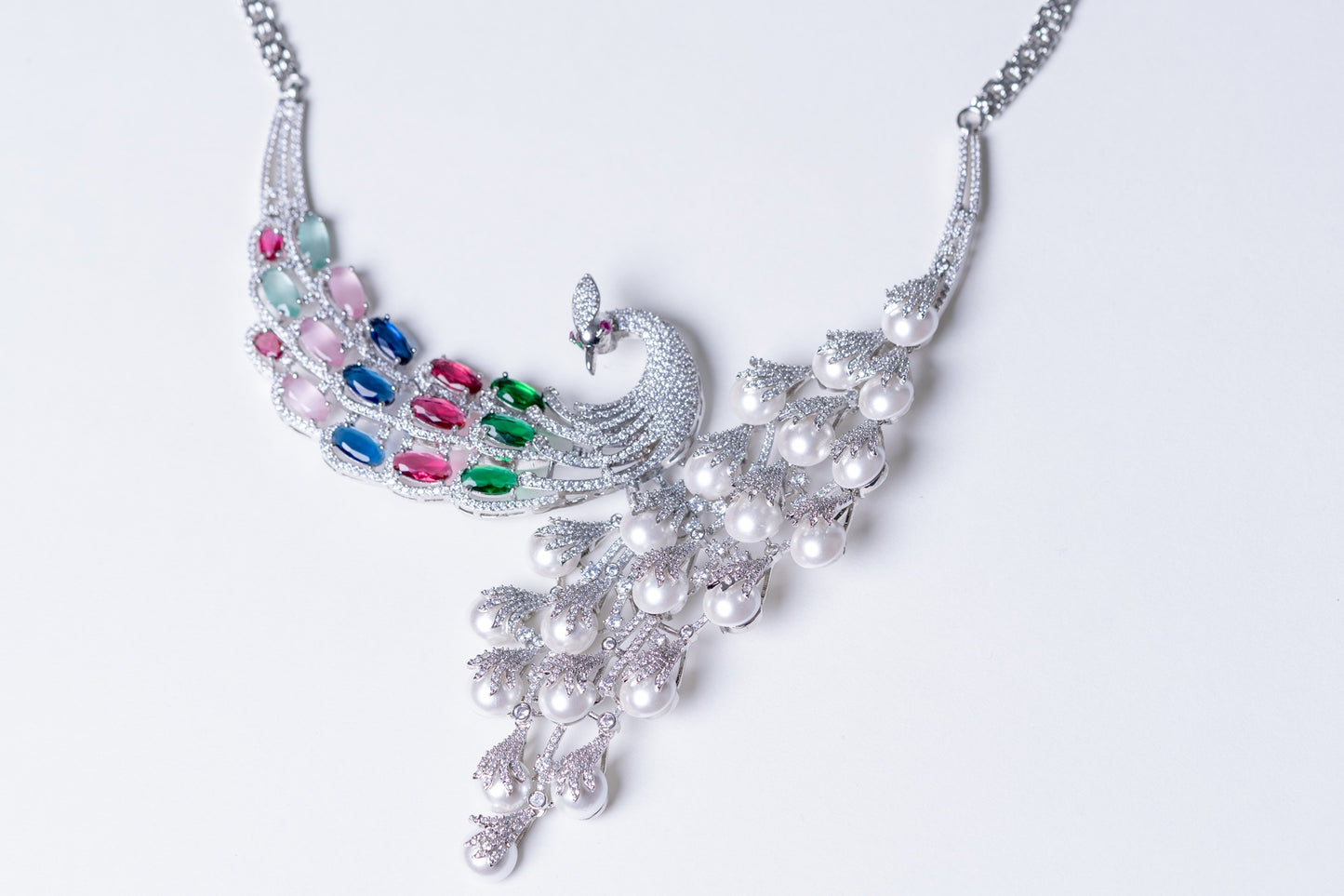 Peacock Studded with Multicolor Crystals and American Diamonds Zirconia Designer Necklace