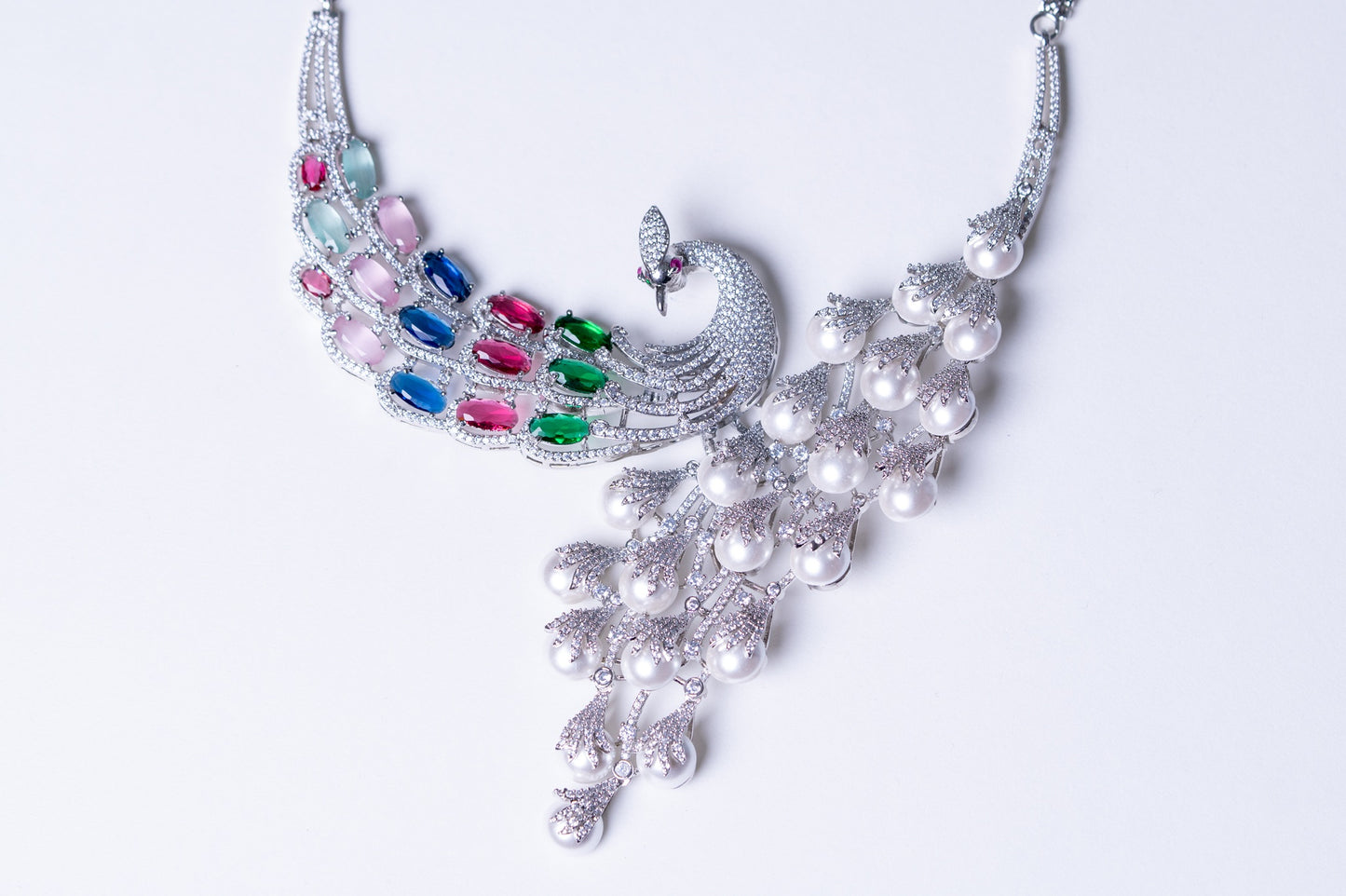 Peacock Studded with Multicolor Crystals and American Diamonds Zirconia Designer Necklace