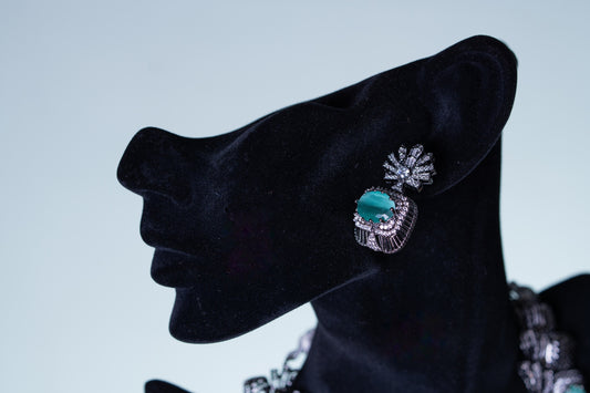 Aqua Mint Green Sapphire and American Diamonds Zirconia with Antique Oxidized Silver Plating Designer Necklace