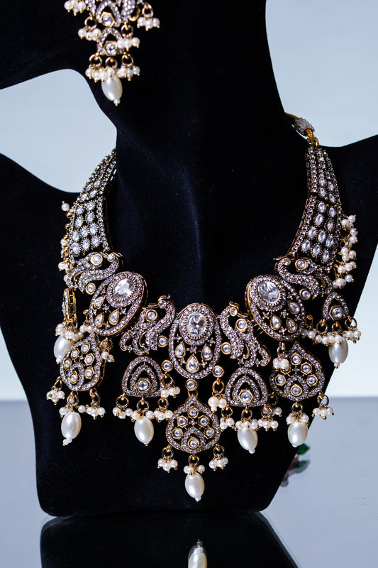 Indian Bridal Moissanite Polki with American Diamonds and Real Pearls Designer Necklace