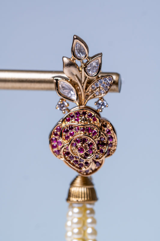 Italian Real Pearls Drop with Moissanite Polki and American Diamonds Zirconia Designer Hasli Necklace (PINK)