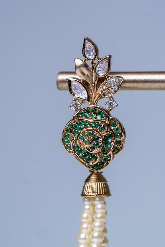 Italian Real Pearls Drop with Moissanite Polki and American Diamonds Zirconia Designer Hasli Necklace (GREEN)