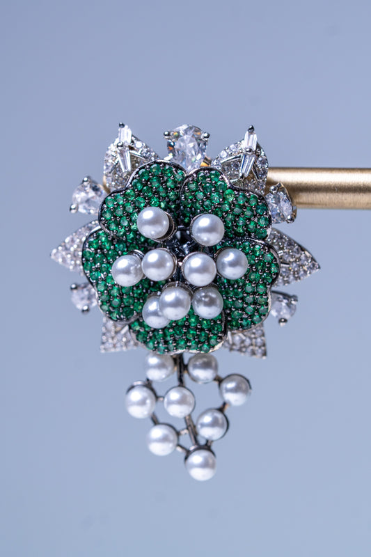 Emerald Green and White Nano Setting American Diamonds Zirconia with Real Pearl Designer 3D Leaves Necklace