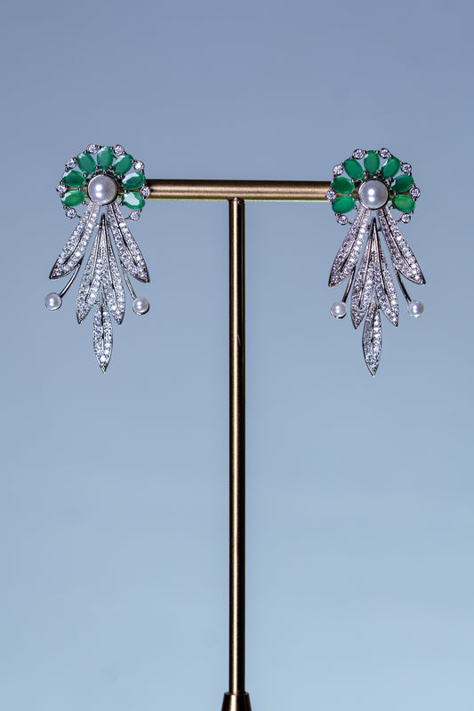 Emerald Green and White American Diamonds Zirconia with Real Pearl Designer 3D Necklace