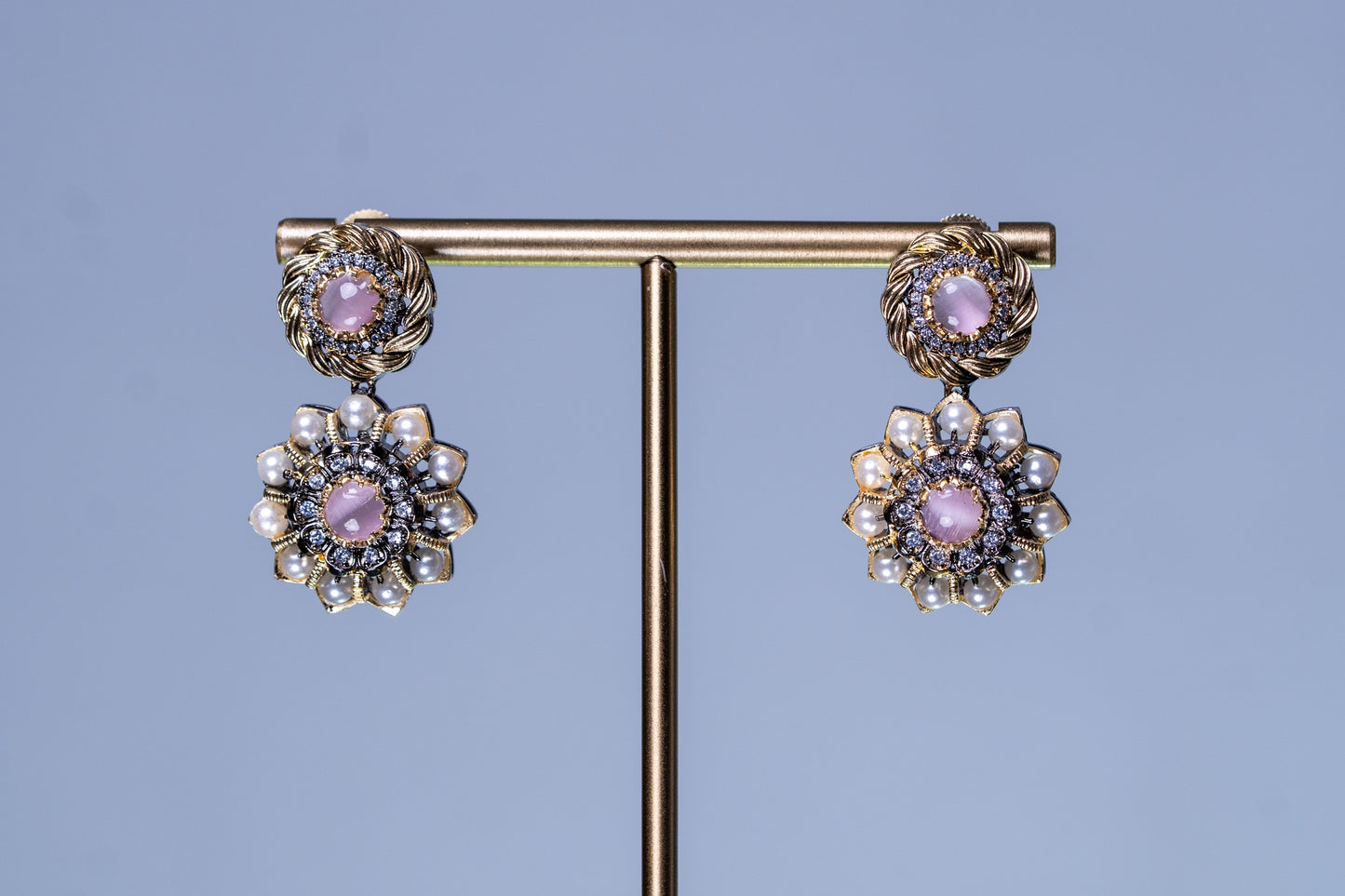 Pink Premium Gemstone with Pearls, American Diamond and Polki Work Necklace