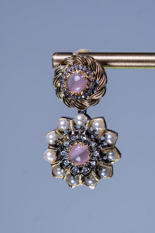 Pink Premium Gemstone with Pearls, American Diamond and Polki Work Necklace