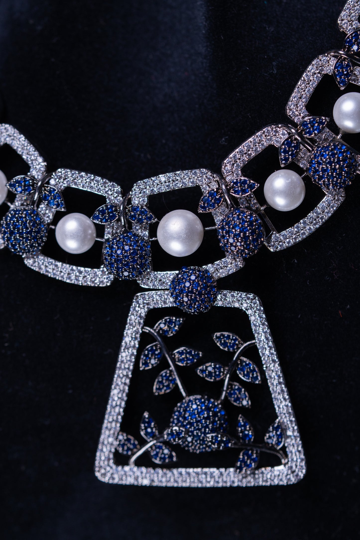 Blue and White Nano Setting American Diamonds Zirconia with Real Pearl Studded Designer Necklace