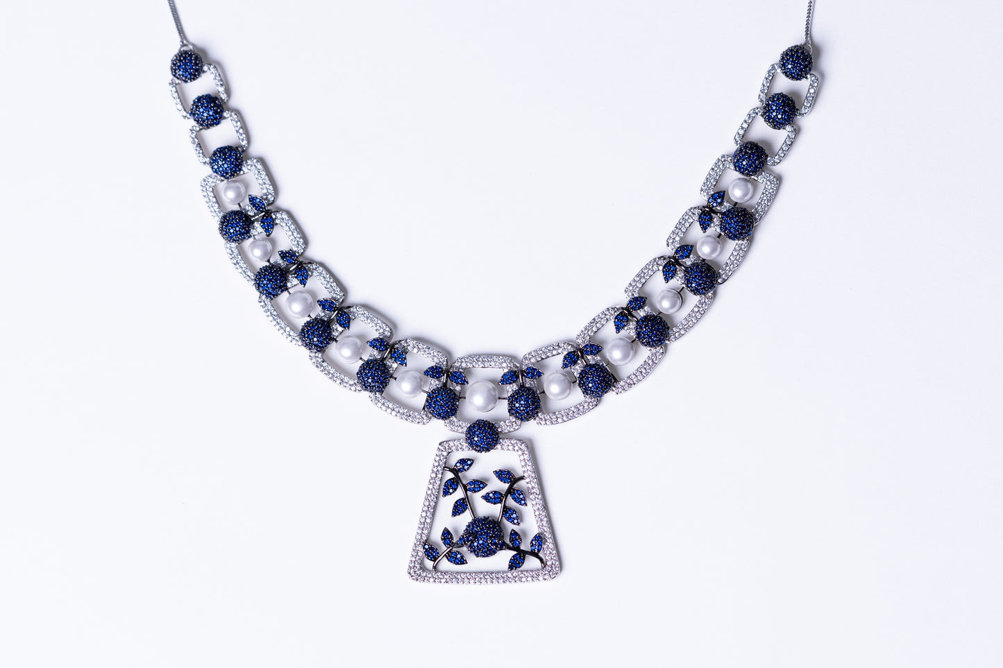 Blue and White Nano Setting American Diamonds Zirconia with Real Pearl Studded Designer Necklace