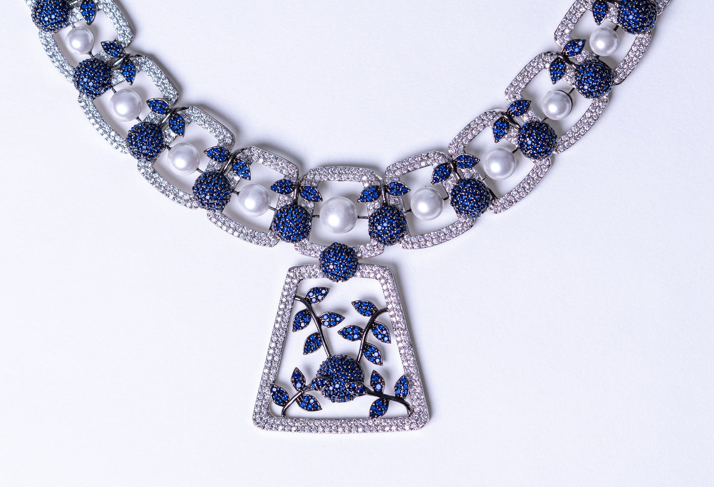 Blue and White Nano Setting American Diamonds Zirconia with Real Pearl Studded Designer Necklace