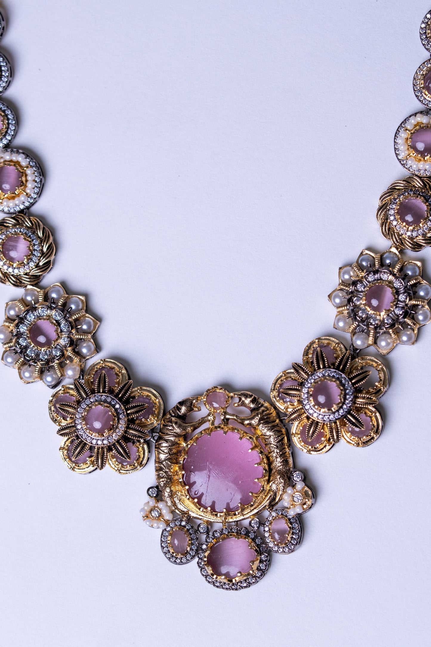 Pink Premium Gemstone with Pearls, American Diamond and Polki Work Necklace