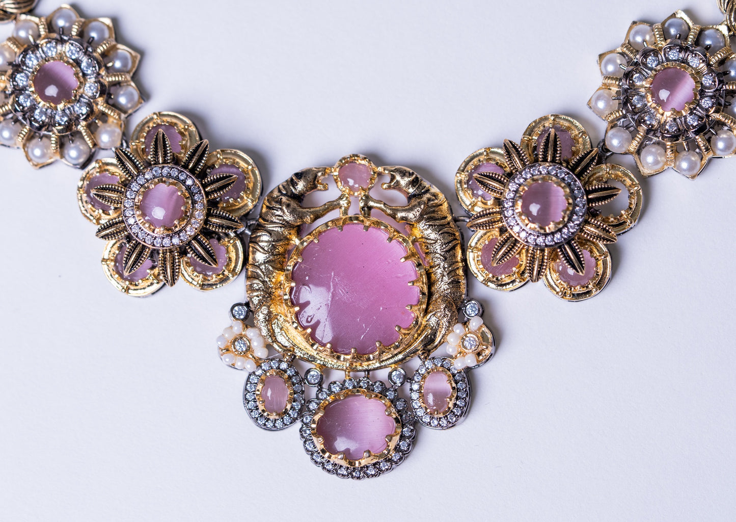 Pink Premium Gemstone with Pearls, American Diamond and Polki Work Necklace