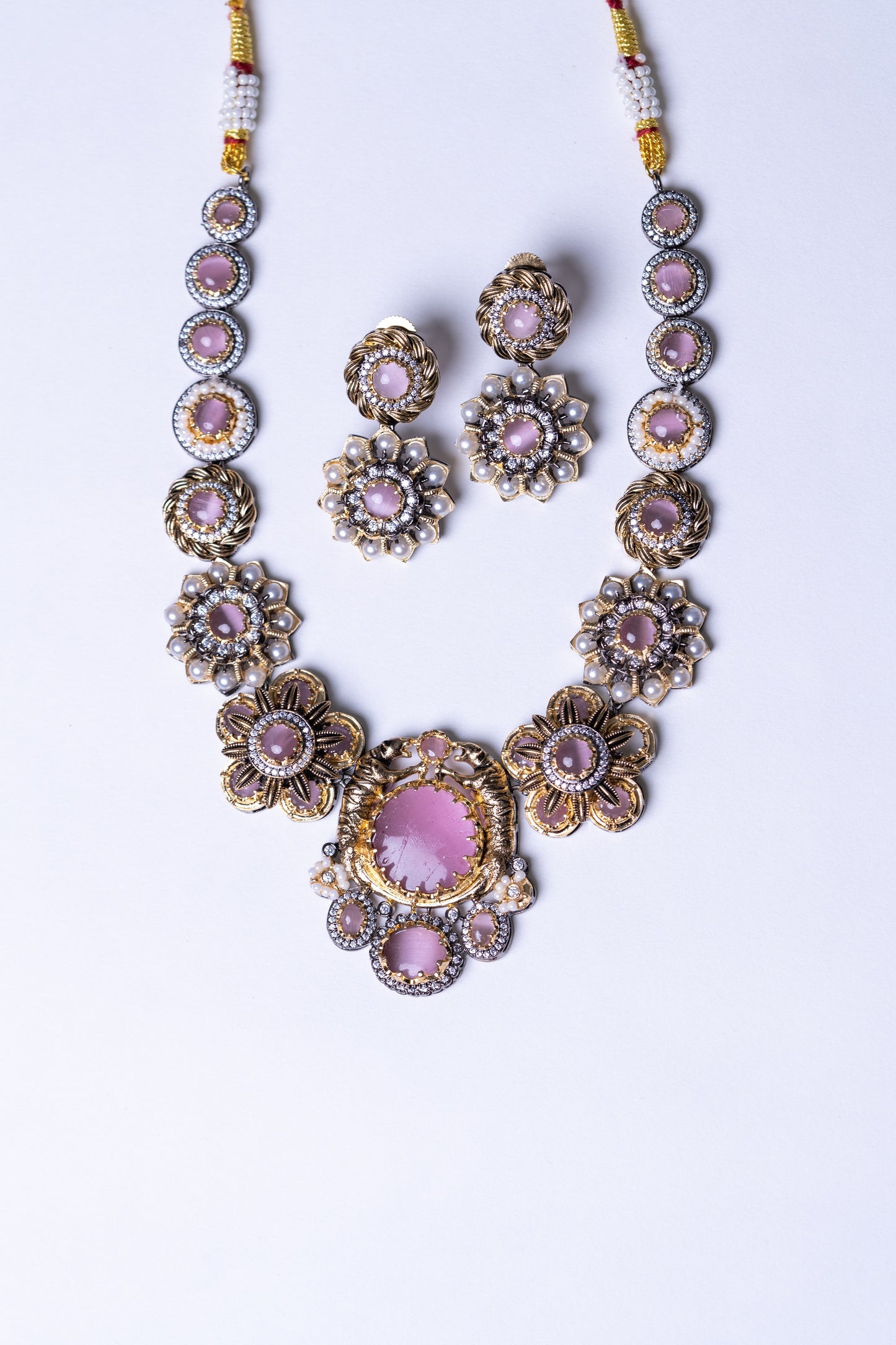 Pink Premium Gemstone with Pearls, American Diamond and Polki Work Necklace