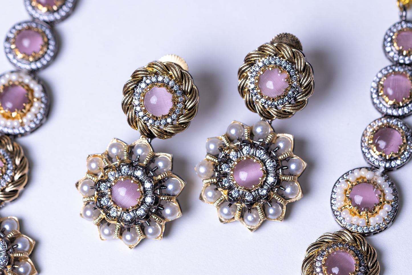 Pink Premium Gemstone with Pearls, American Diamond and Polki Work Necklace