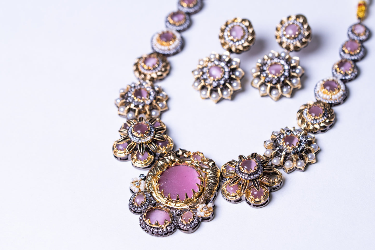 Pink Premium Gemstone with Pearls, American Diamond and Polki Work Necklace