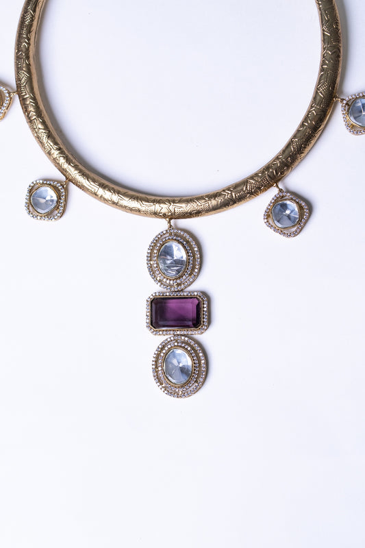 Amethyst and Uncut Polki Moissanite and American Diamonds Zirconia Hasli Necklace