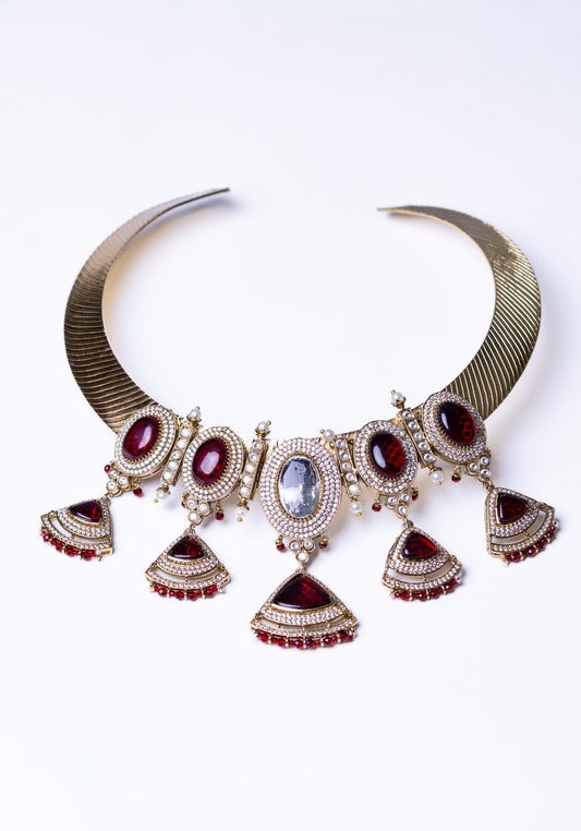 Ruby Stone Polki Moissanite and American Diamonds Zirconia Hasli Necklace