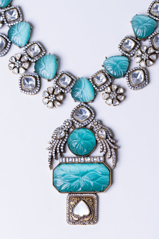 Turkish Carved Tourmaline Turquoise Green Stones with Uncut Polki Moissanite and American Diamonds Zirconia Designer Necklace