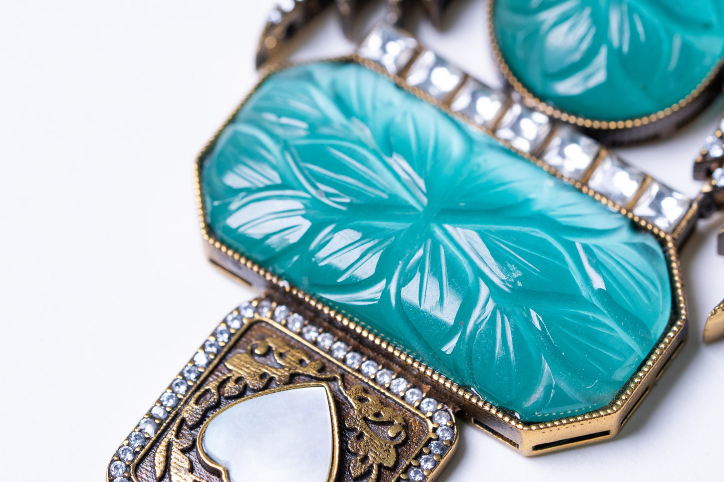 Turkish Carved Tourmaline Turquoise Green Stones with Uncut Polki Moissanite and American Diamonds Zirconia Designer Necklace