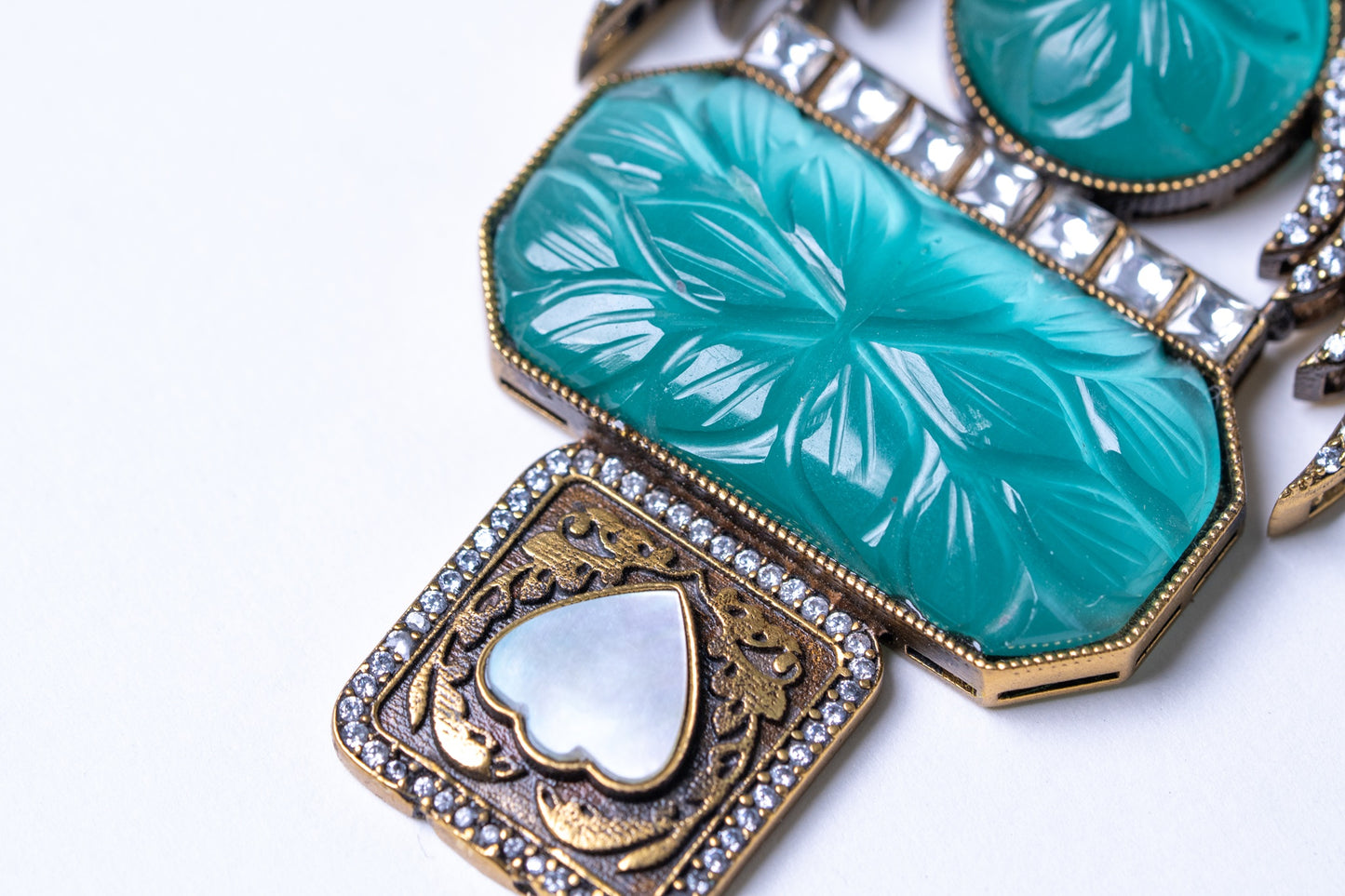 Turkish Carved Tourmaline Turquoise Green Stones with Uncut Polki Moissanite and American Diamonds Zirconia Designer Necklace