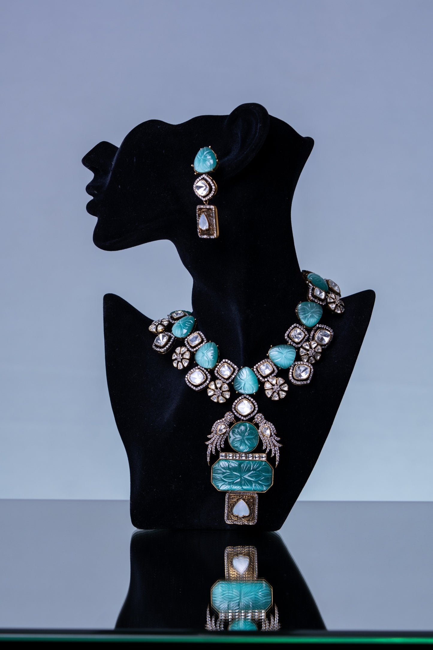 Turkish Carved Tourmaline Turquoise Green Stones with Uncut Polki Moissanite and American Diamonds Zirconia Designer Necklace