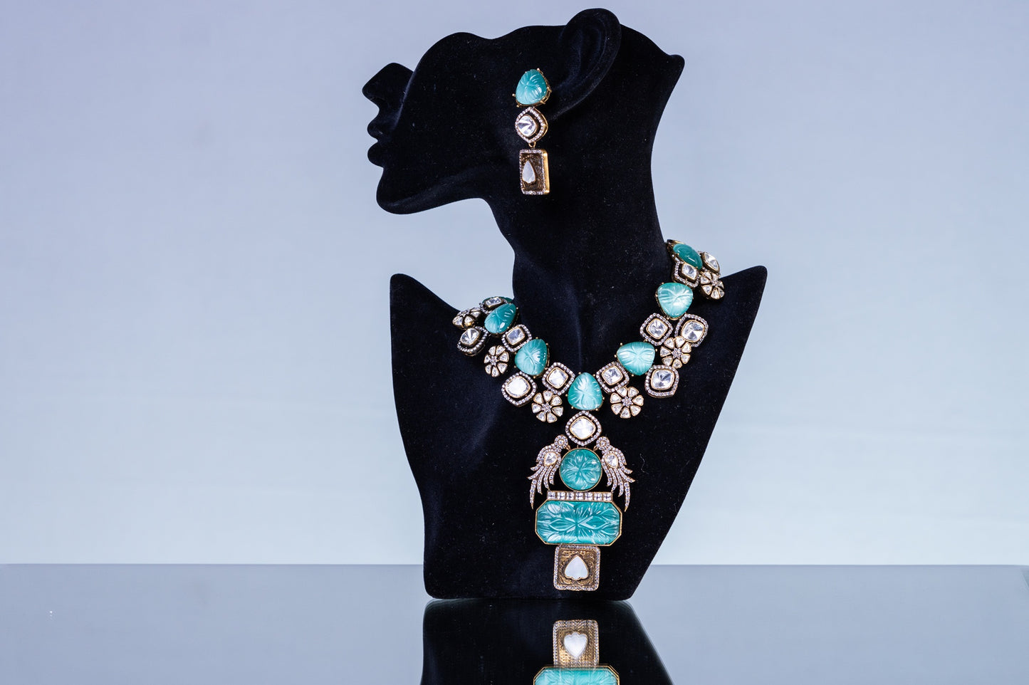 Turkish Carved Tourmaline Turquoise Green Stones with Uncut Polki Moissanite and American Diamonds Zirconia Designer Necklace