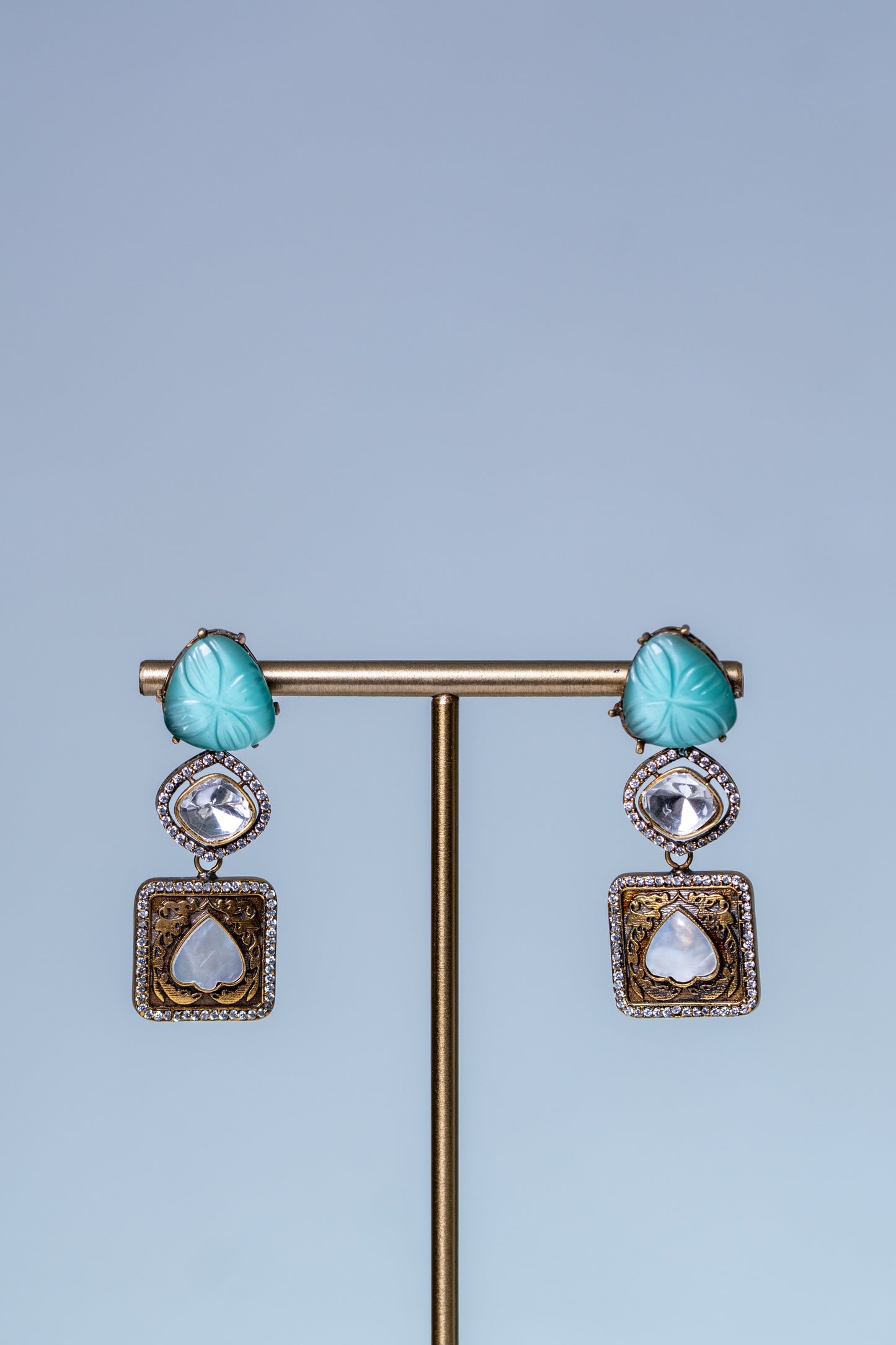 Turkish Carved Tourmaline Turquoise Green Stones with Uncut Polki Moissanite and American Diamonds Zirconia Designer Necklace