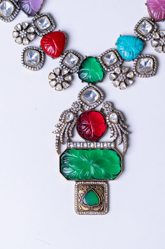 Turkish Carved Tourmaline & Multicolor Gemstones Designer Necklace