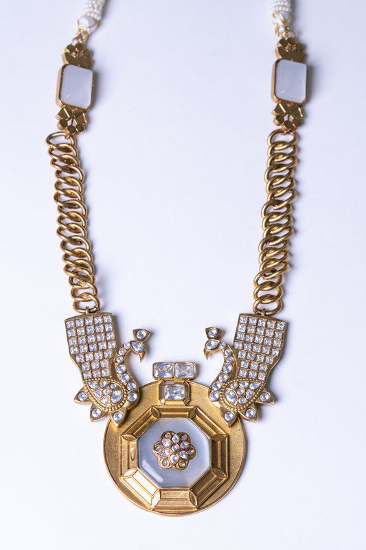 Gold Plated Mother of Pearl and Polki Kundan with American Diamond Zirconia Peacock Necklace