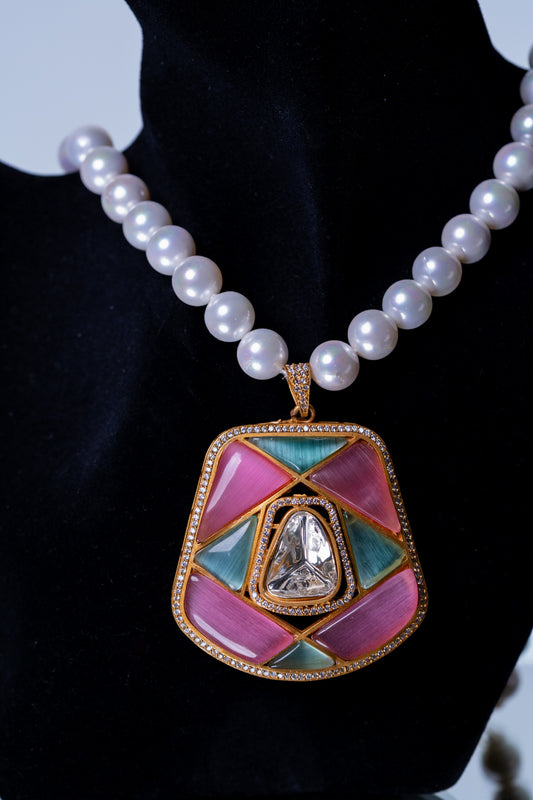 Real Pearl with Multi-Color Enamel Crystal and Polki Moissanite Necklace