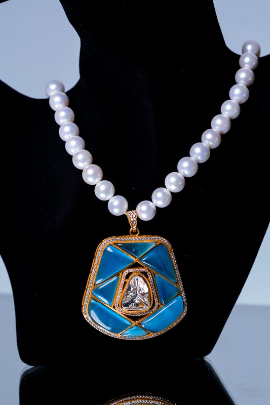 Real Pearl with Blue Enamel Crystal and Polki Moissanite Necklace