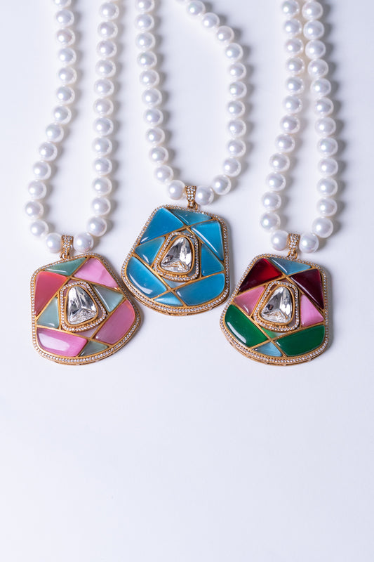 Real Pearl with Multi-Color Enamel Crystal Polki Moissanite Pendant Necklace