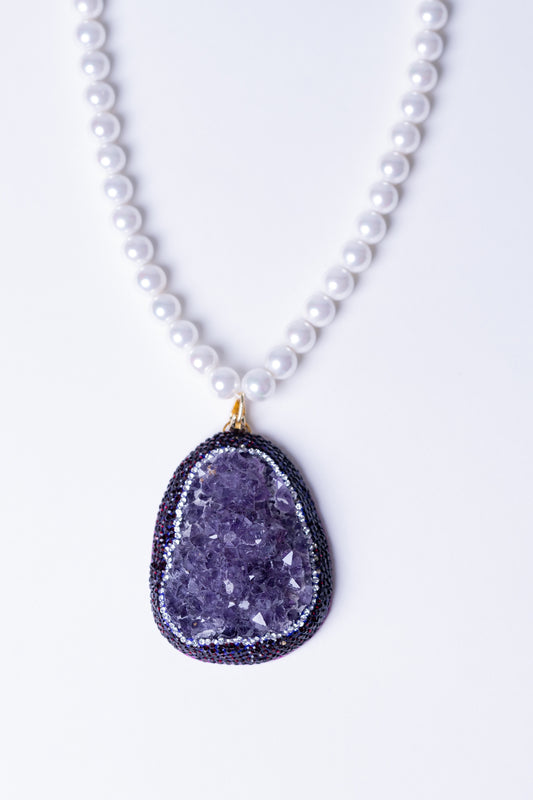 Amethyst Clusters Pendant with Real Pearls for Spiritual Healing Necklace