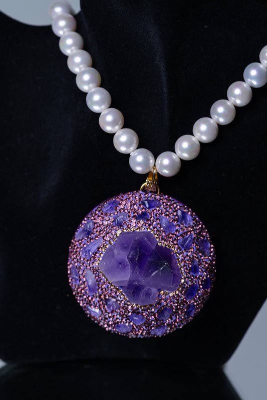 Raw Amethyst Pendant with Real Pearl for Spiritual Healing Necklace
