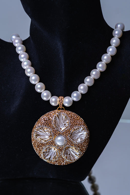 Real Pearl with Natural Sea Shell and American Diamonds Zirconia Pendant Necklace
