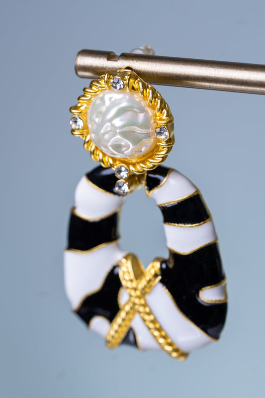 Real Baroque Pearl and Zebra Inspired Enamel Earrings