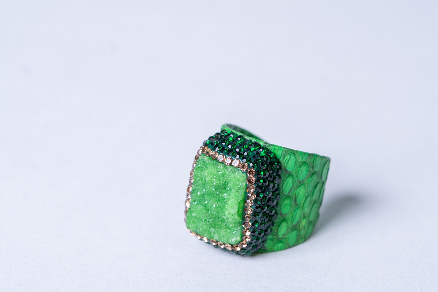 Green Natural Gemstone & Snake Skin Leather Ring - Adjustable Size