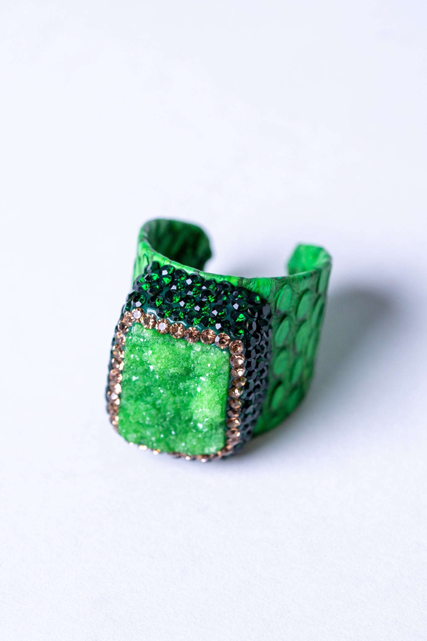 Green Natural Gemstone & Snake Skin Leather Ring - Adjustable Size