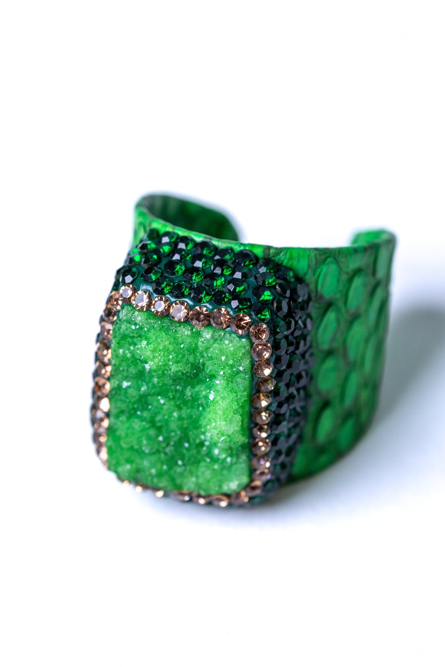 Green Natural Gemstone & Snake Skin Leather Ring - Adjustable Size